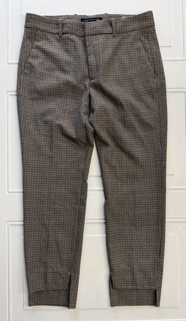 Zara Woman Sz 6 Brown Plaid High Low Pant Leg Pants Trousers
